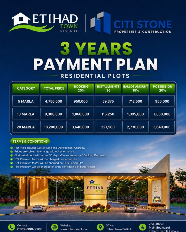 Etihad Town Sialkot Payment Plan